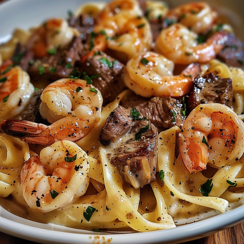 Cajun Shrimp and Steak Alfredo Pasta