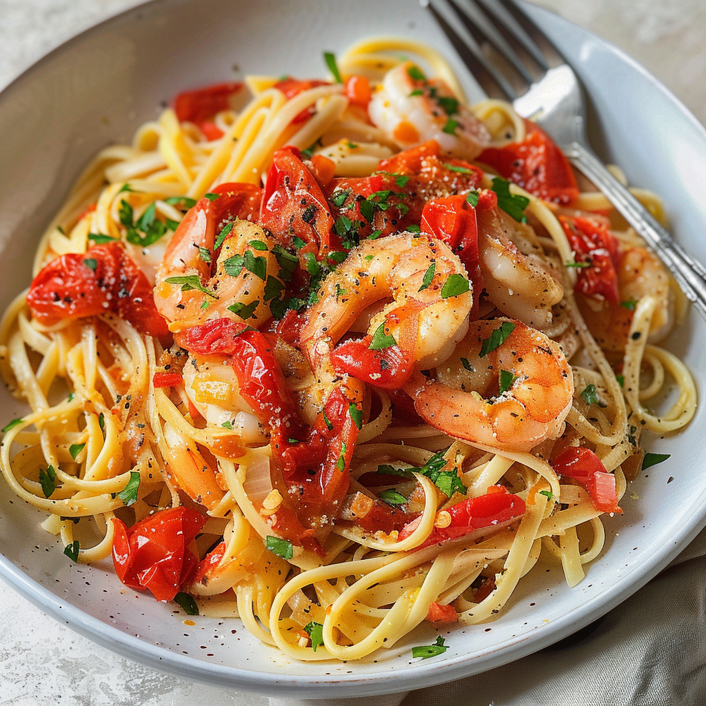 🍤 Savory Shrimp Delight: Burst Tomato Linguine Recipe 🍅