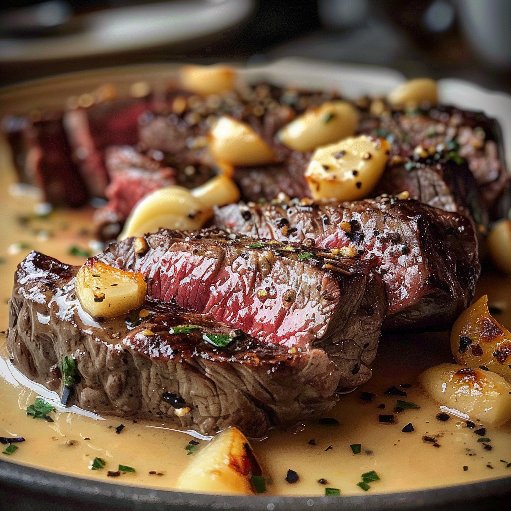 Bavette Steak & Roasted Garlic Pan Sauce