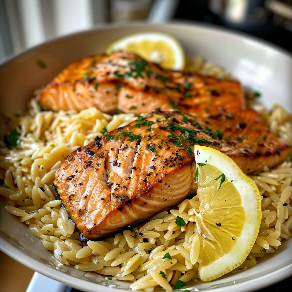 Creamy lemon garlic orzo with Salmon 🍋