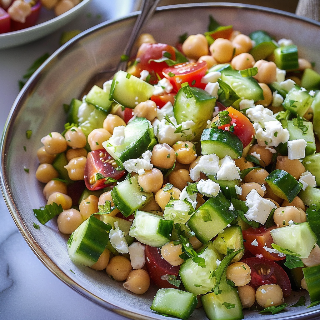 Healthy Chickpea Cucumber Salad with Feta & Tomatoes, dietitian recipe for Chickpea Salad!