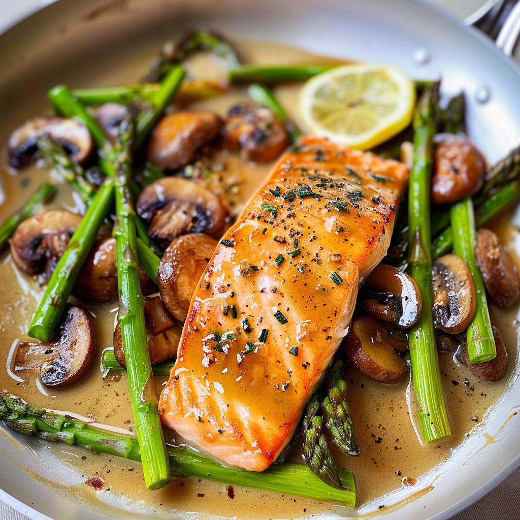 Honey Mustard Salmon with Mushrooms and Asparagus