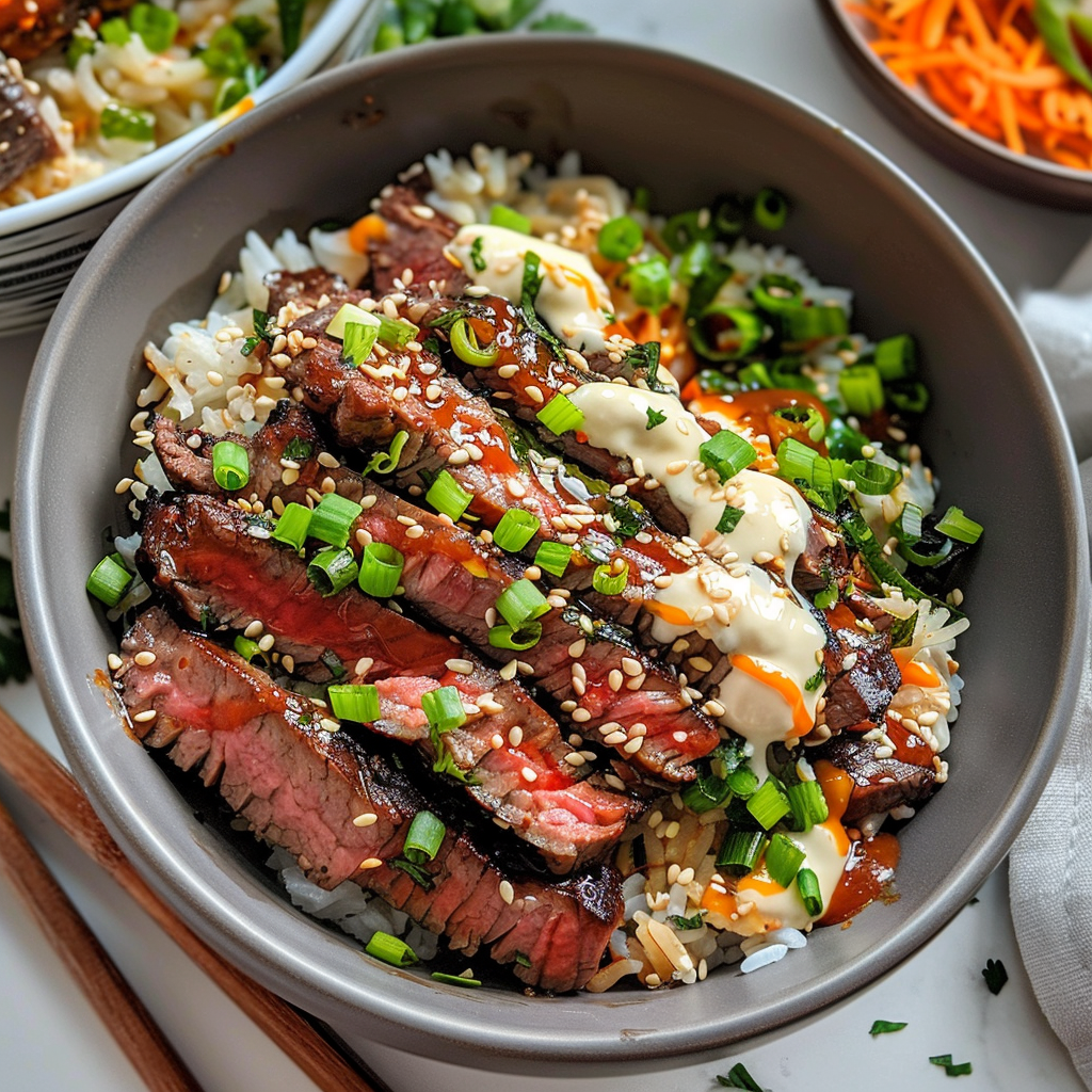 Korean BBQ Steak Rice Bowls with Spicy Cream Sauce