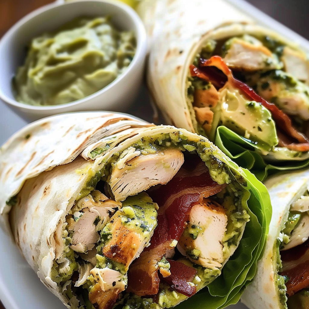 Pesto Chicken and Avocado Bacon Salad Wraps.