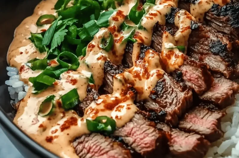 Korean BBQ Steak Rice Bowls with Spicy Cream Sauce