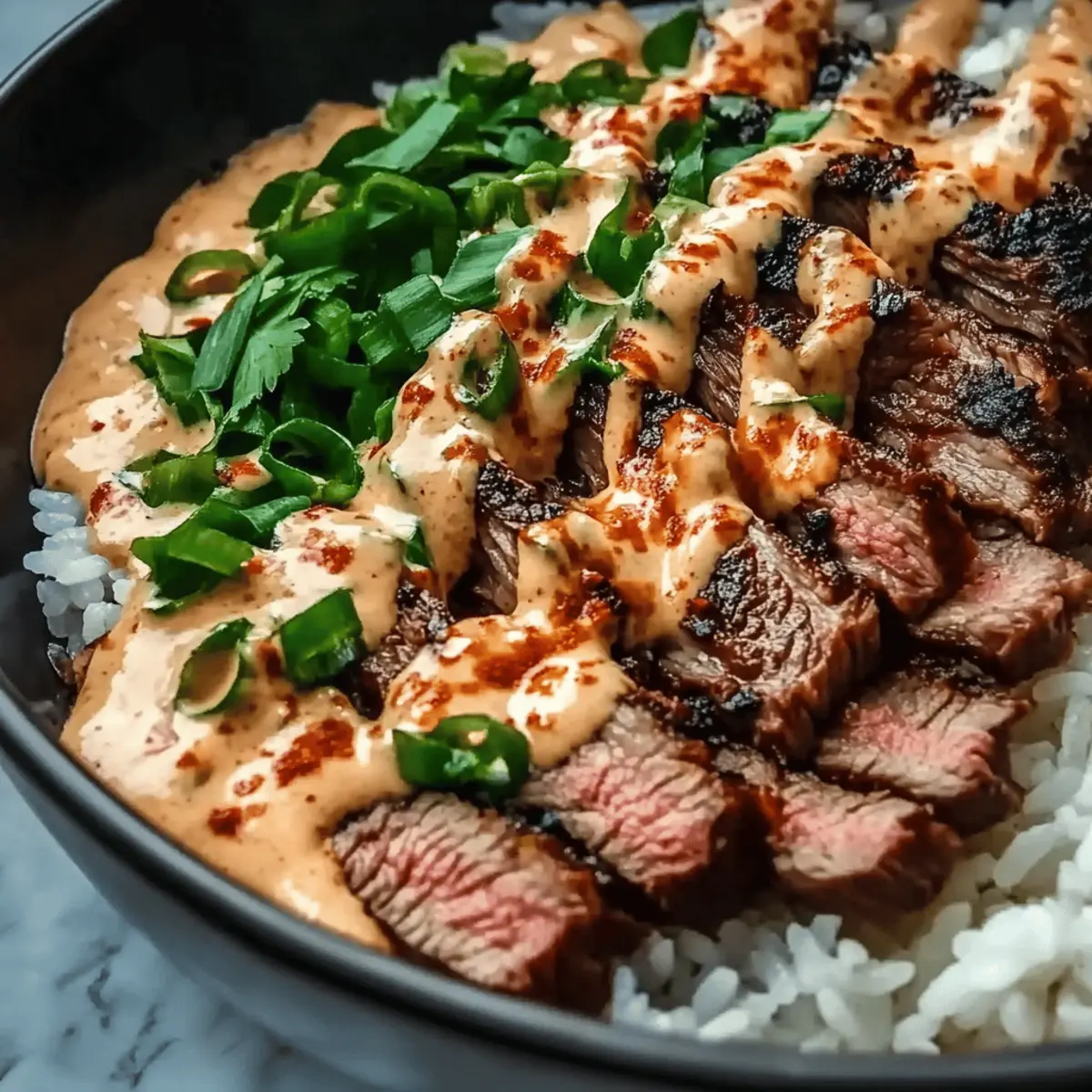 Korean BBQ Steak Rice Bowls with Spicy Cream Sauce